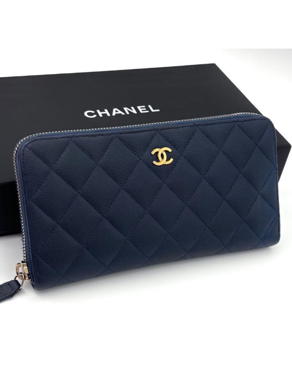 Chanel Quilted Caviar Leather Zip Around Wallet Navy